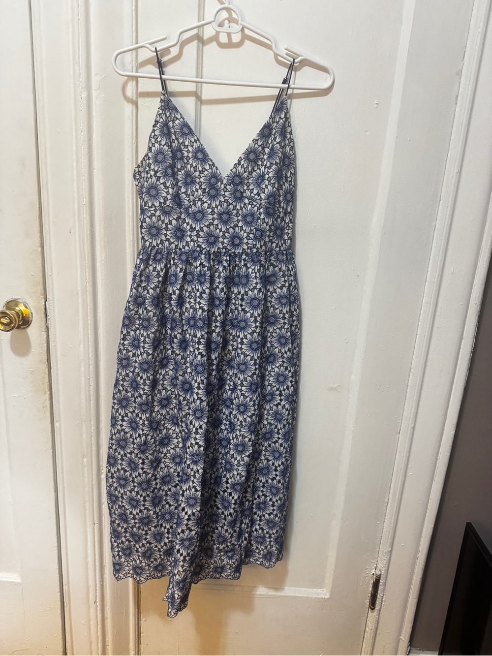 H&M Blue Embroidered Floral V-Neck Spaghetti Strap Midi Dress